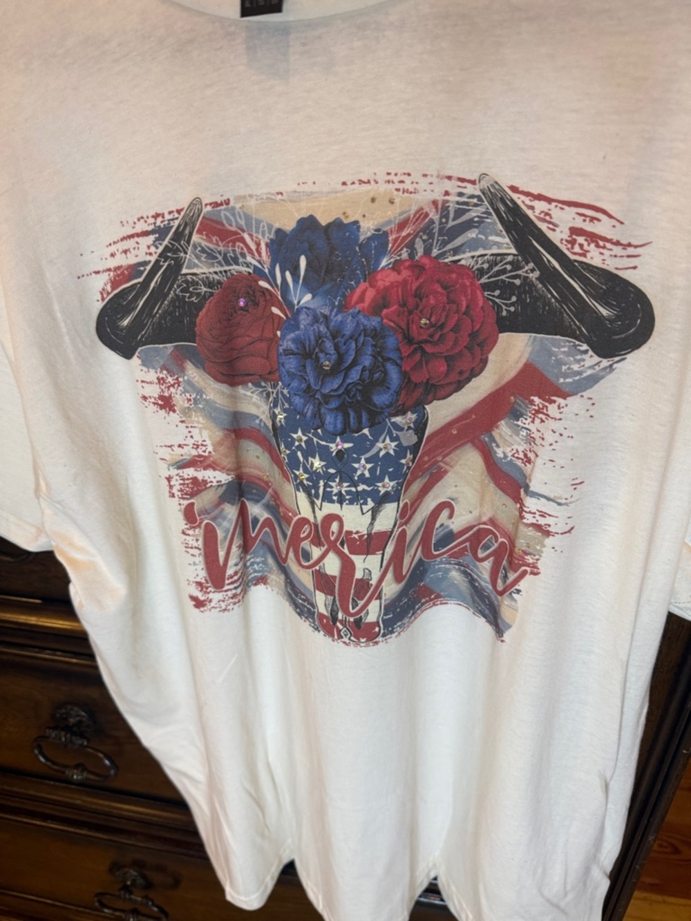 White Graphic 'Merica' Tee with Patriotic Skull and Flowers and Bling. - Picture 2 of 3